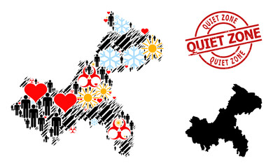 Grunge Quiet Zone stamp seal, and sunny population virus therapy collage map of Chongqing Municipality. Red round stamp seal has Quiet Zone caption inside circle.