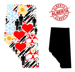 Grunge Alberta stamp seal, and sunny patients vaccine collage map of Alberta Province. Red round stamp has Alberta tag inside circle. Map of Alberta Province mosaic is done of winter, spring, love,