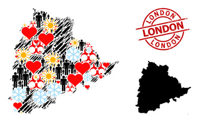 Textured London stamp, and winter humans infection treatment collage map of Telangana State. Red round stamp seal includes London caption inside circle.