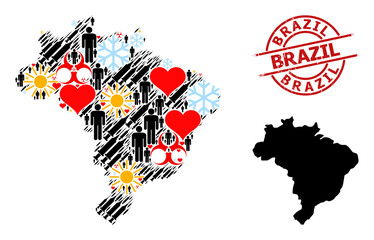 Rubber Brazil stamp seal, and winter patients virus therapy collage map of Brazil. Red round stamp seal has Brazil title inside circle. Map of Brazil collage is done of winter, sunny, heart,