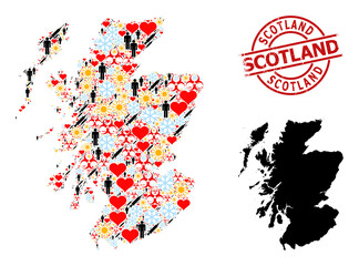 Obraz premium Distress Scotland stamp, and frost man inoculation mosaic map of Scotland. Red round stamp seal contains Scotland tag inside circle. Map of Scotland mosaic is made of frost, sunny, lovely, people,