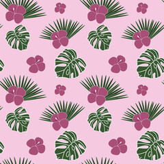 Vector tropische naadloze patroon met roze bloemen en palmbladeren en monstera voor stoffen, papier, textiel, cadeaupapier geïsoleerd op roze background