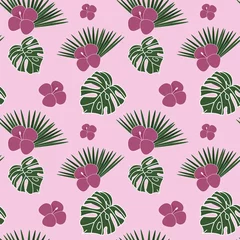 Keuken foto achterwand Tropische planten Vector tropische naadloze patroon met roze bloemen en palmbladeren en monstera voor stoffen, papier, textiel, cadeaupapier geïsoleerd op roze background