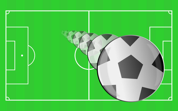Soccer. FOOTBALL BALL KICKED ENERGETICALLY. Playing field. Digital drawing relating to the game, betting and competition. White lines that delimit the areas of this sport. Cut grass effect.