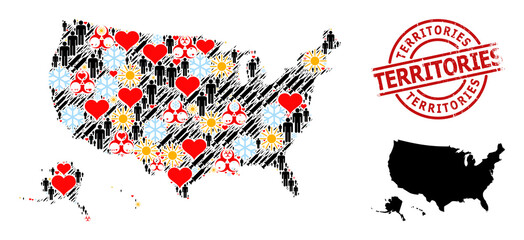 Scratched Territories seal, and sunny man vaccine collage map of USA territories. Red round stamp seal has Territories title inside circle. Map of USA territories collage is formed of snow, sun, love,