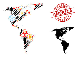 Grunge America stamp seal, and spring patients infection treatment collage map of South and North America. Red round stamp has America caption inside circle.