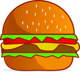 Cartoon Burger With Lettuce,Tomato And Cheese. Vector Hand Drawn Illustration Isolated On Transparent Background
