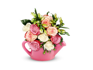 beautiful bouquet rose in watering can isolated on white background with​ clipping​ path​
