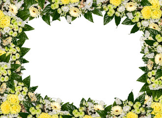 frame of yellow flowers beautiful​ chrysanthemum mix rose and other isolated on white background with​ clipping​ path​