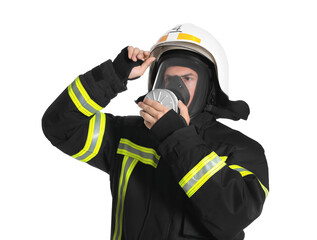 Portrait of firefighter in uniform, helmet and gas mask on white background