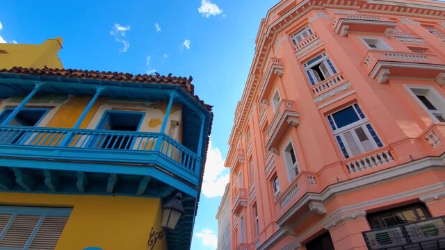 Cuba, Scenic colorful Old Havana streets in historic city center of Havana Vieja.