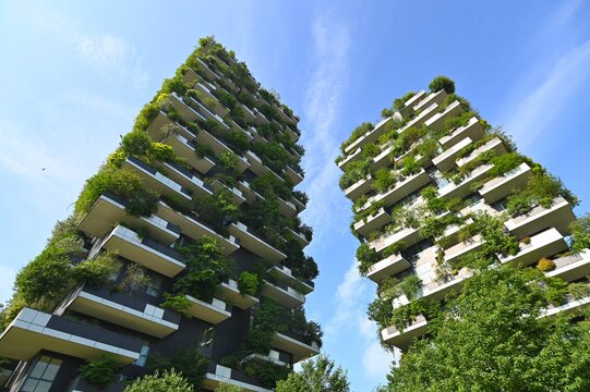 Exterior view of luxury residential skyscrapers Bosco Verticale in Porta Nuova district Milan Italy June 12 2021