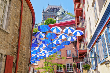 Obraz premium Lot of Umbrellas in Petit Champlain street Quebec city Canada