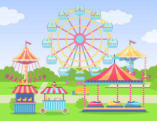 Empty amusement and entertainment park cartoon illustration. Theme park with observation wheel, swing carousels, ice cream stand. Sky with clouds in background. Fun fair, carnival concept