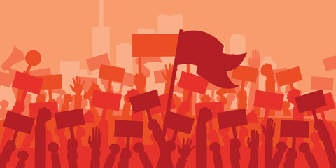 Concept for protest, revolution or conflict. Silhouette crowd of people protesters. Flat vector illustration.
