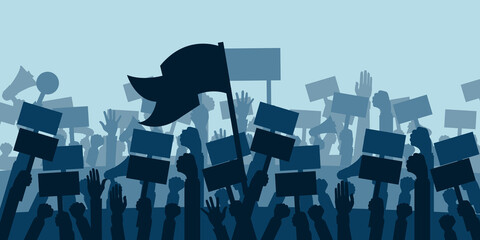 Concept for protest, revolution or conflict. Silhouette crowd of people protesters. Flat vector illustration.