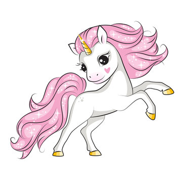 Cute little unicorn with pink mane  standing on its hind legs. Isolated. Beautiful picture for your design.  