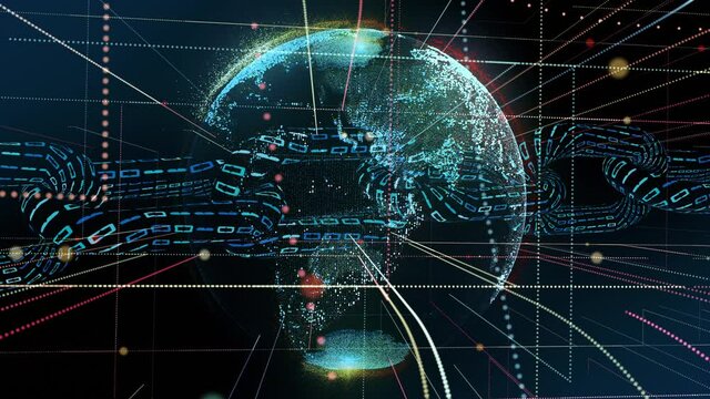 Global Blockchain and cryptocurrency matrix grid with binary chain