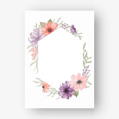 hexagon flower frame with watercolor flowers