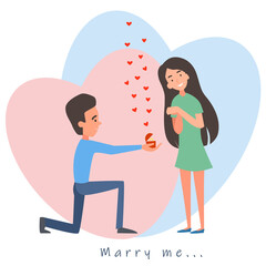 A postcard of a couple in love. The guy proposes to the girl. Valentines Day, hearts, flat cartoon characters. Vector illustration.