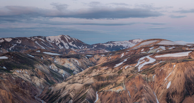 Panoramic views along the hike to Mt Blahnukur - the sun that never sets.  Landmannalaugar.  Iceland