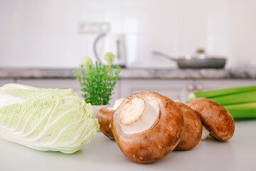 dietary set of products for breakfast. kitchen table mushrooms vegetables