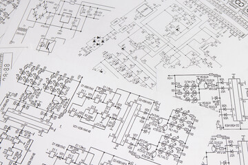 Paper electrical engineering drawings. Work of an electronic engineer.