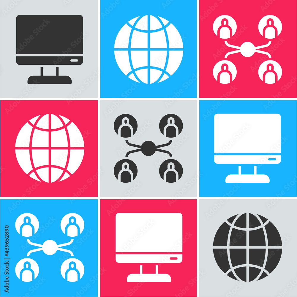 Poster set computer monitor screen, social network and online class icon. vector