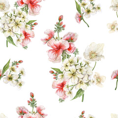 Delicate watercolor spring, summer flowers on white background. Seamless pattern for textile print or wallpaper design, invitations for wedding, card design. Romantic vintage mood.