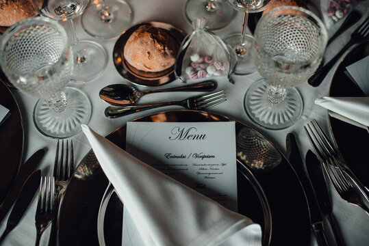 Table set for a festive dinner in a restaurant 