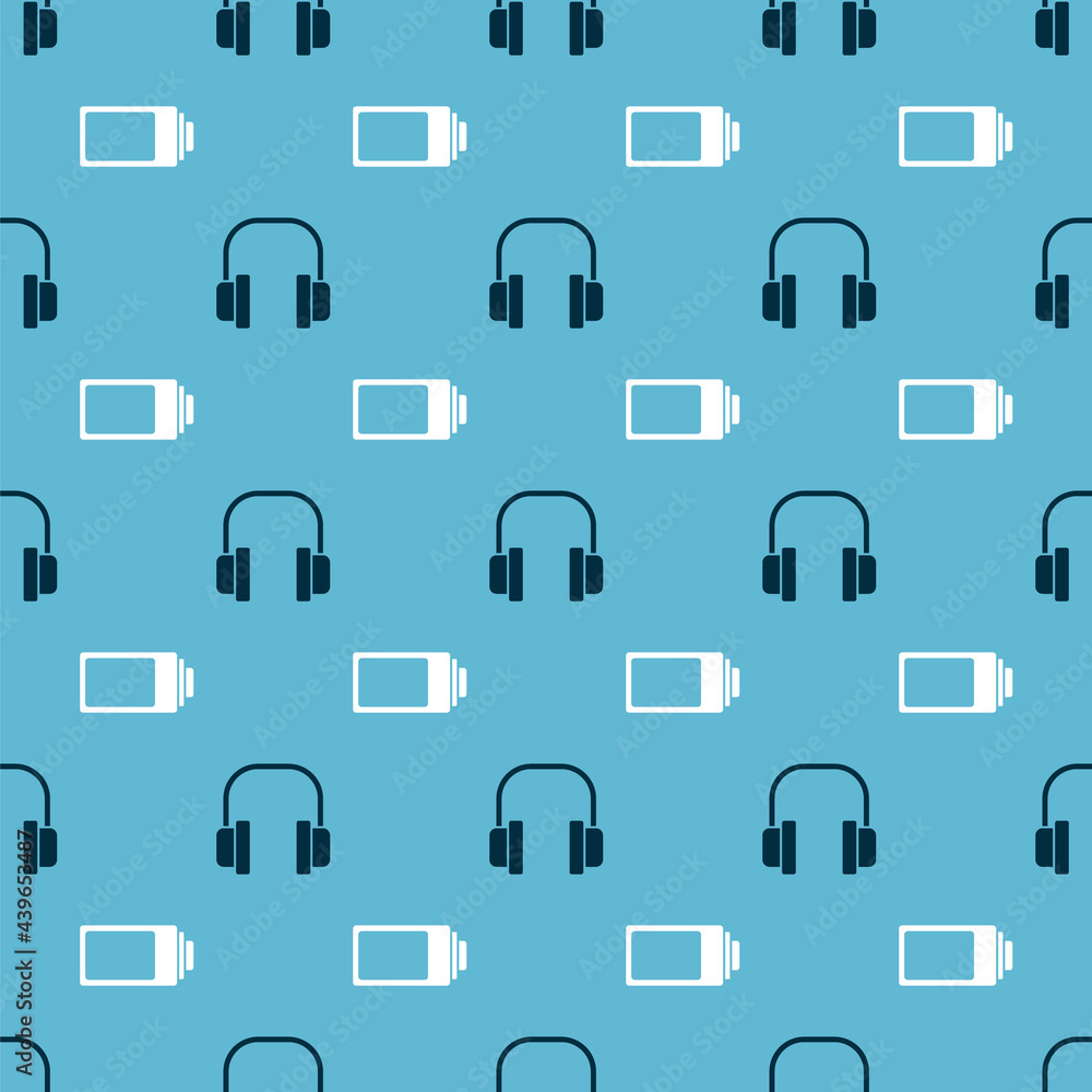 Poster set headphones and battery charge level indicator on seamless pattern. vector