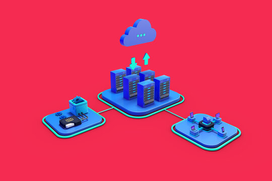 3d illustration of cloud storage download. Service or digital application with data transfer. Online computer technology. Server and data center connection network 3d data network, machine learning
