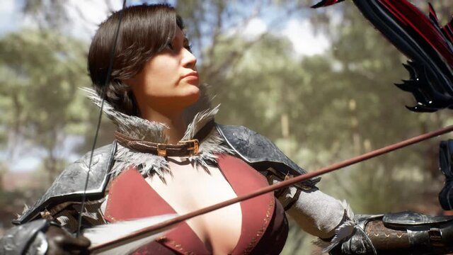 A brave and sweet huntress takes aim with a bow and shoots at her prey. The girl was created using 3D computer graphics. The animation is designed for historical or fantasy backgrounds. 3D rendering.