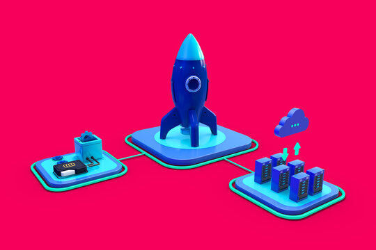 3d illustration Concept of startup company, development process. Innovation product, creative idea. Launch launch, start company, entrepreneurship concept. Creative startup concept illustration