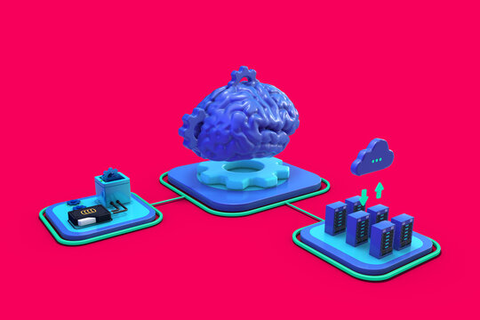 Cybernetic Brain 3d illustration. Electronic card in the form of a human brain in electronic cyberspace where the concept shows how machines learn and where data is stored