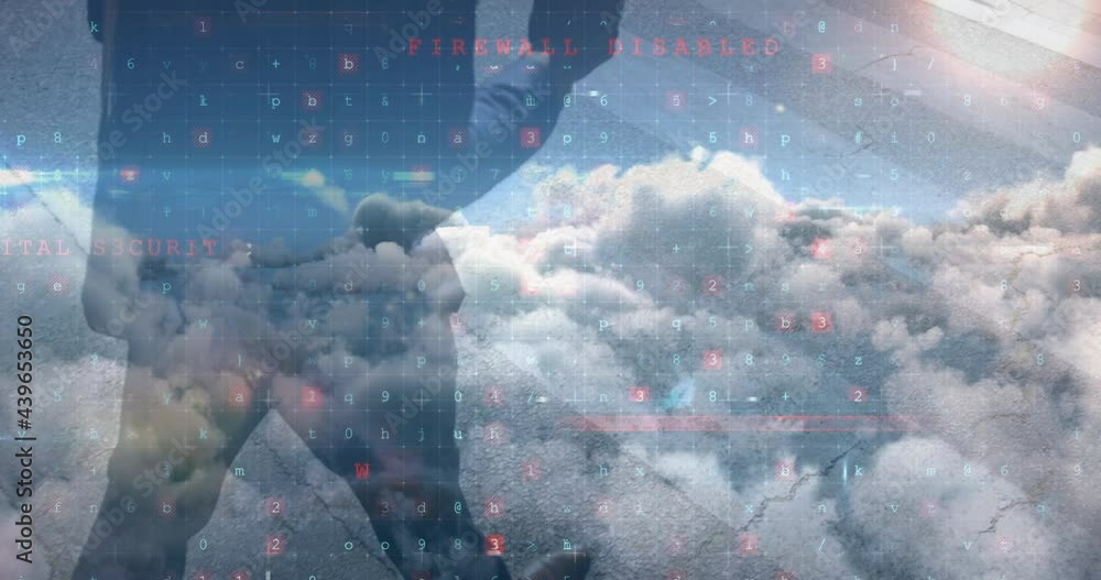 Poster animation of online security and data processing over businessman and clouds