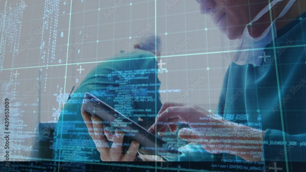 Poster animation of data processing over doctor using tablet and grid
