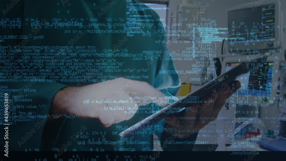 Aufkleber animation of data processing over doctor using tablet and grid