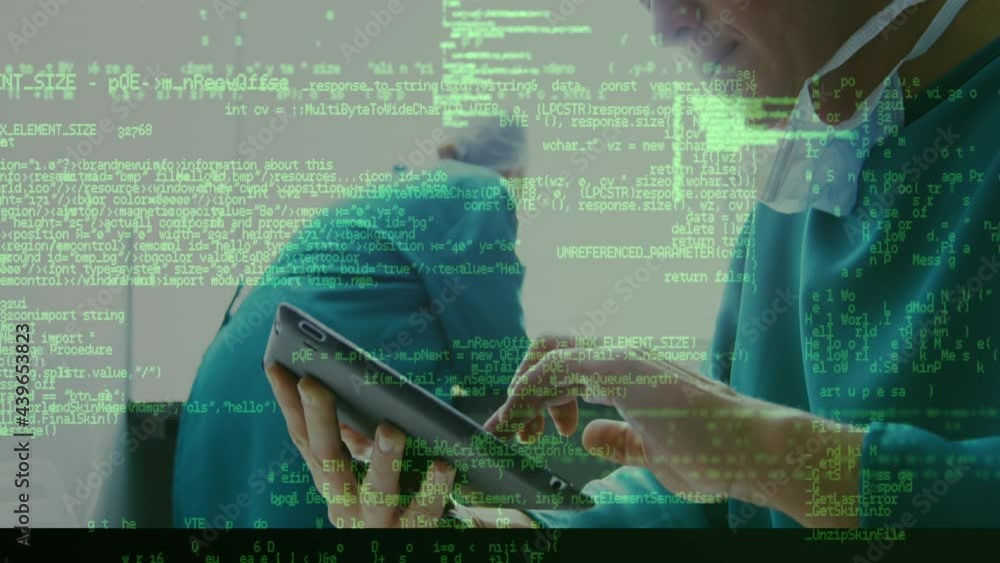 Poster animation of data processing over doctor using tablet and grid