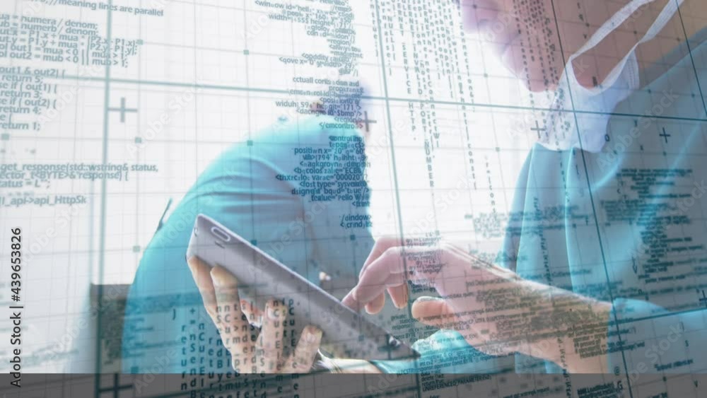 Poster animation of data processing over doctor using tablet and grid