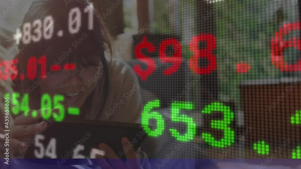 Poster animation of girl using tablet with financial data processing
