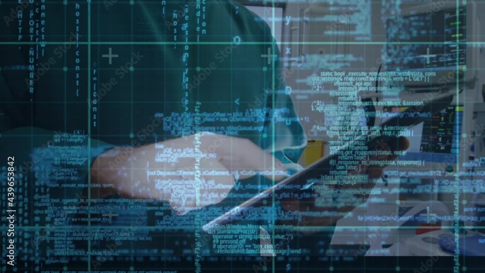Aufkleber animation of data processing over doctor using tablet and grid