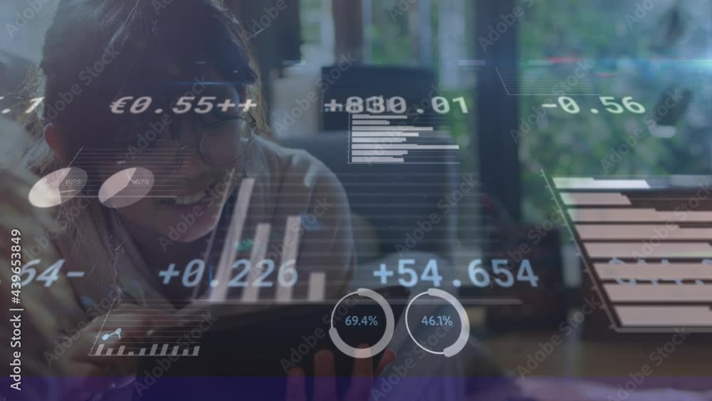 Poster animation of girl using tablet with financial data processing