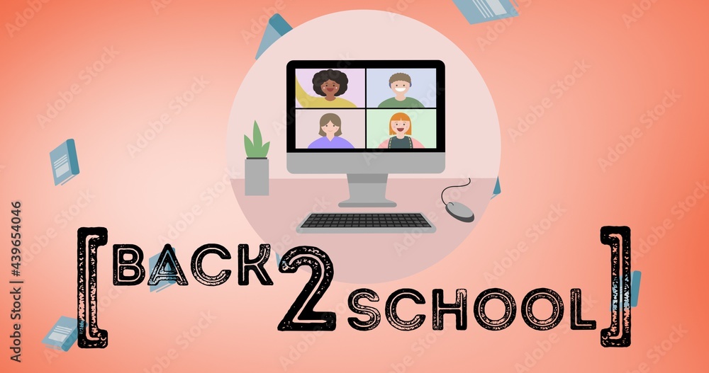 Poster composition of text back to school with notebooks and video call on computer screen on pink