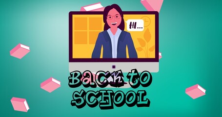 Composition of text back to school with pink books and computer screen with woman saying hi, on blue