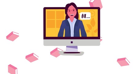 Composition of floating pink books and computer screen with woman saying hi, on white