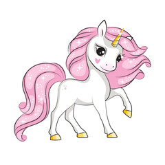 Beautiful illustration of cute little smiling unicorn with pink mane. Isolated.Beautiful picture for your design.  