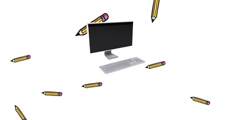 Composition of floating yellow pencils and desktop computer on white