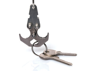 Metal hook grabs ring with keys. Isolated objects on white background