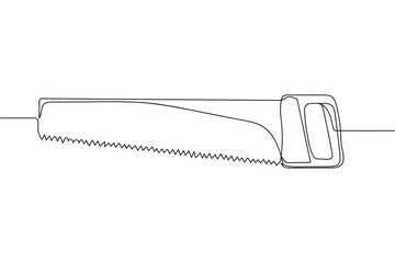 Continuous one line of saw for sawing boards plywood in silhouette on a white background. Linear stylized.Minimalist.